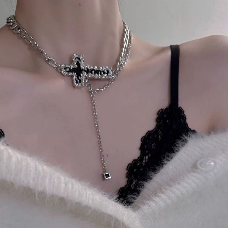 Metal Cross Necklace, Tassel Collarbone Chain