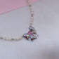 Pink Diamond Bow Pearl Necklace，Pink Zircon Earrings