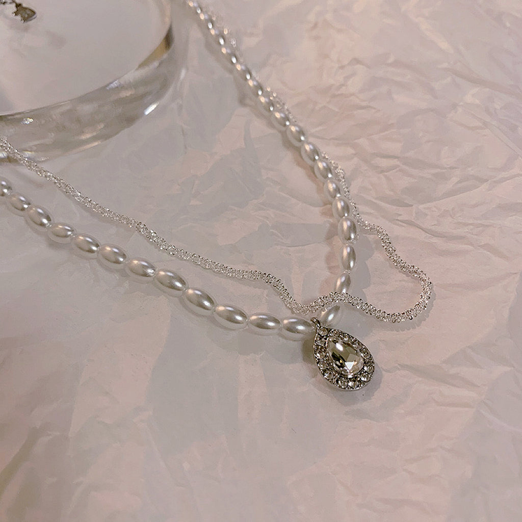 [Sparkling] Zircon Pearl Necklace, Dual Purpose Clavicle Chain