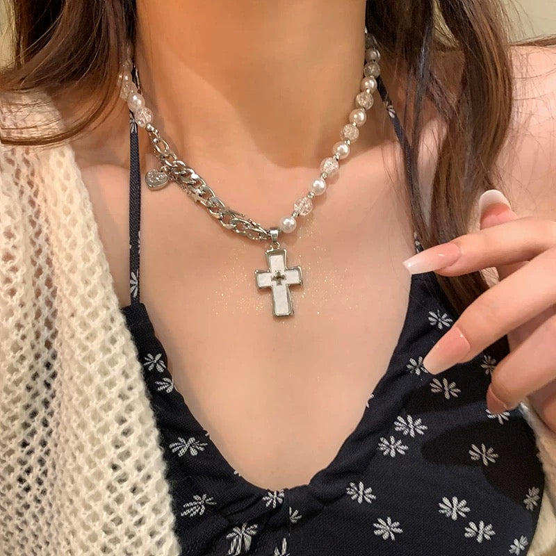 Heart Cross Pearl Asymmetry Layered Necklace