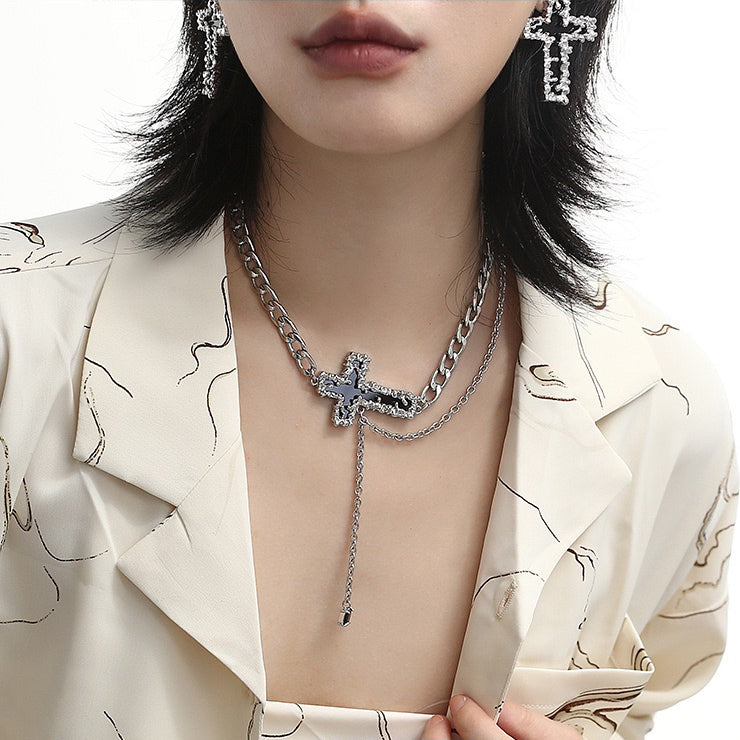 Metal Cross Necklace, Tassel Collarbone Chain