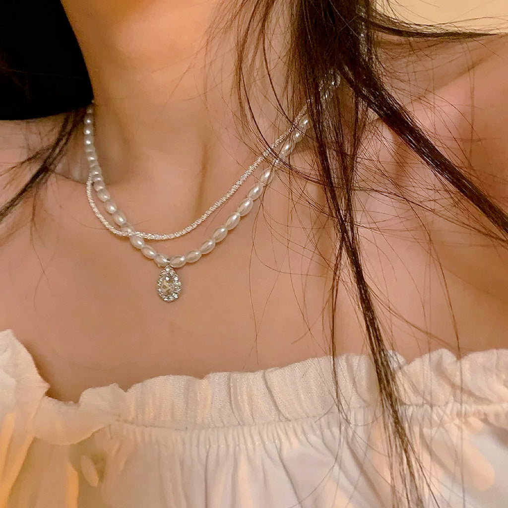 [Sparkling] Zircon Pearl Necklace, Dual Purpose Clavicle Chain