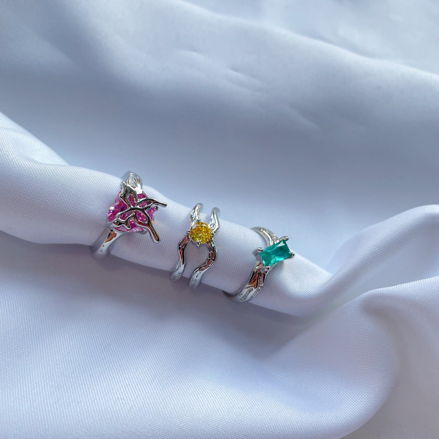 Pink Heart Butterfly Ring，Yellow Green Zircon Open Set Ring