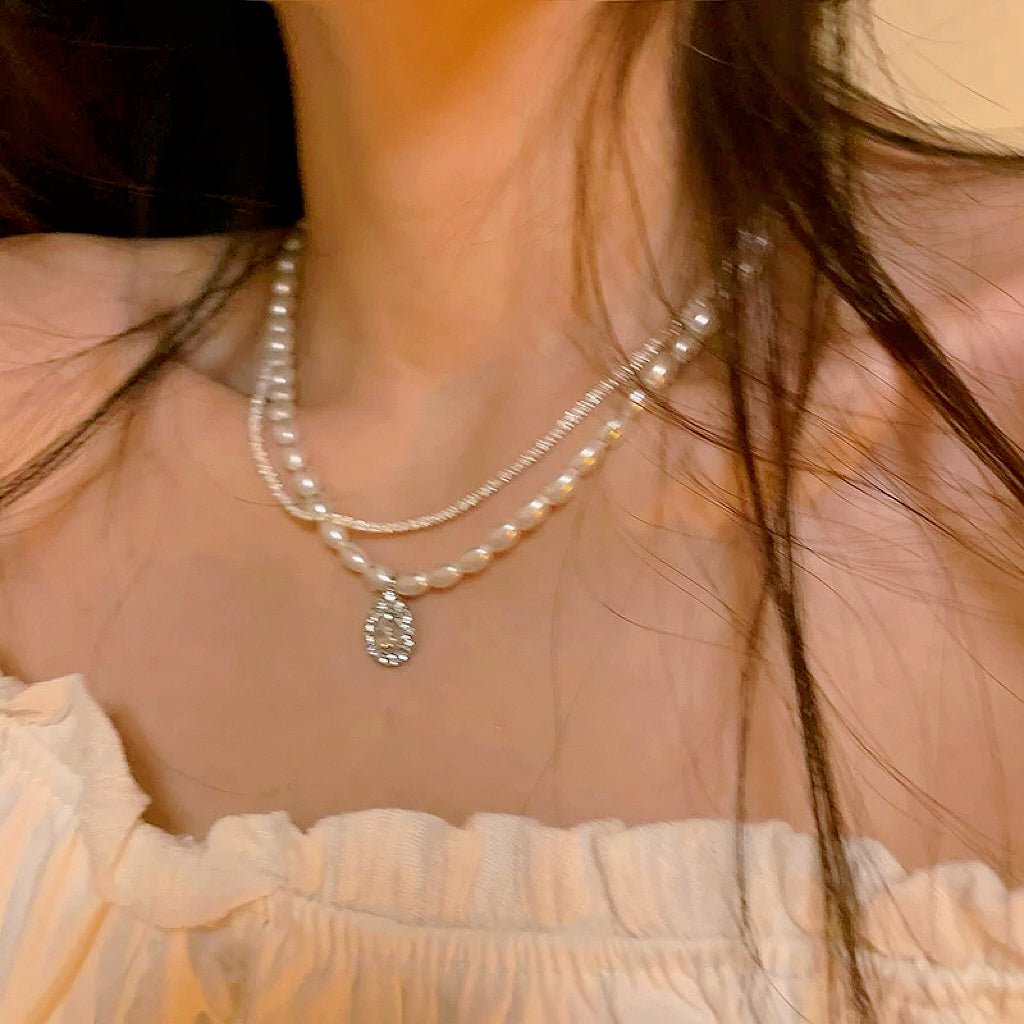 [Sparkling] Zircon Pearl Necklace, Dual Purpose Clavicle Chain