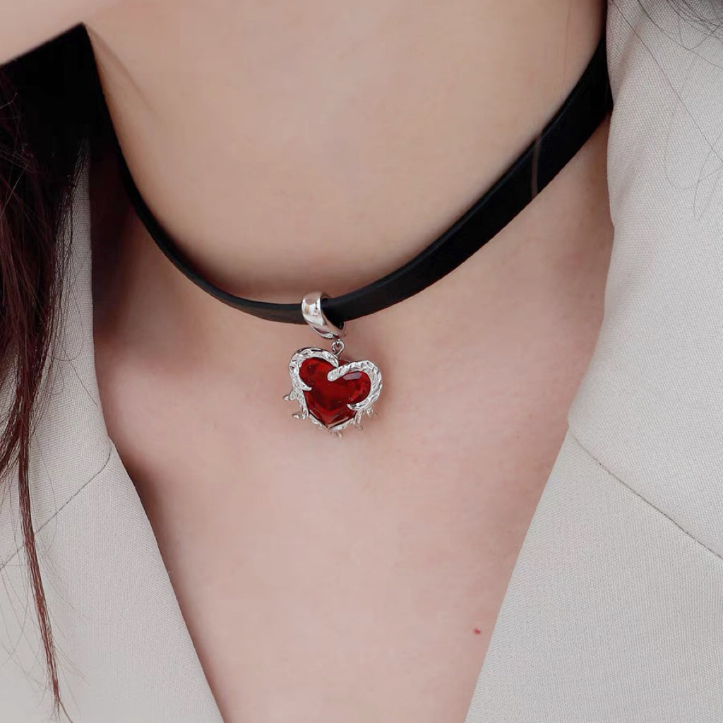 Ruby Leather Choker，Ruby Zircon Set