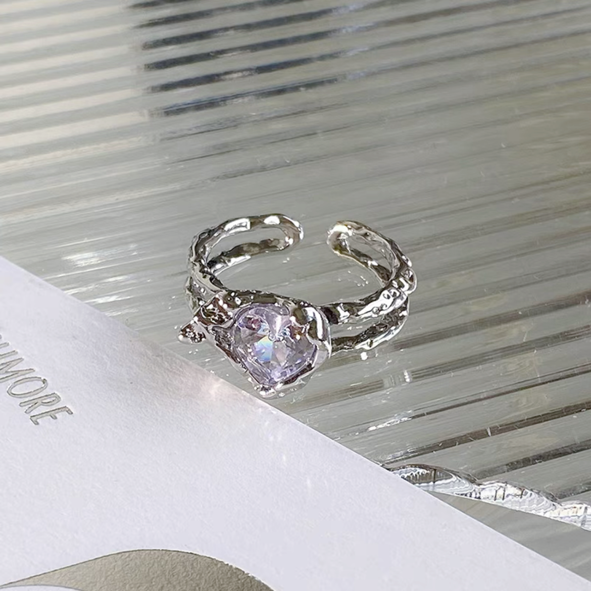 Pink & White Heart Zircon Ring，Y2K Pink Ring