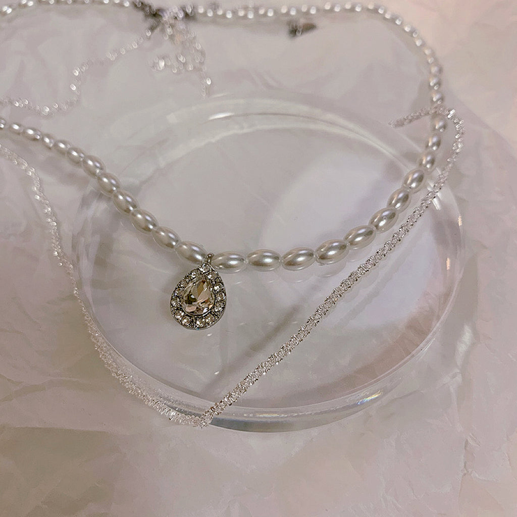 [Sparkling] Zircon Pearl Necklace, Dual Purpose Clavicle Chain