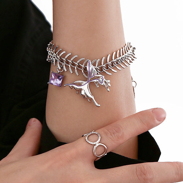 Purple Liquid Metal Butterfly Necklace，Fishbone Butterfly Bracelet