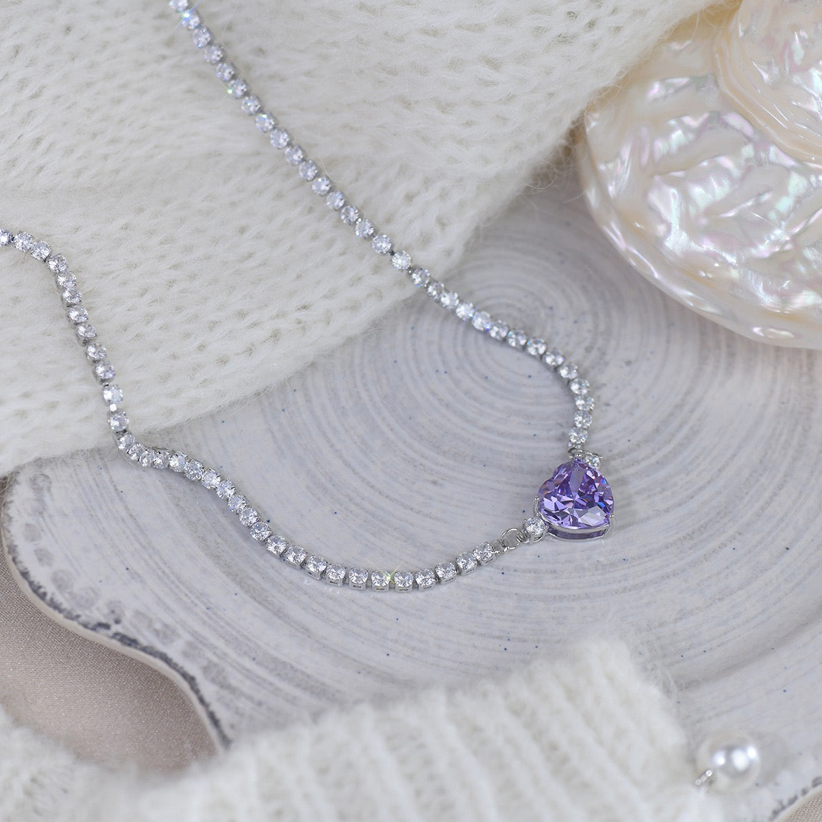 Purple Zircon Heart  Diamond Necklace，Purple Beaded Heart Necklace