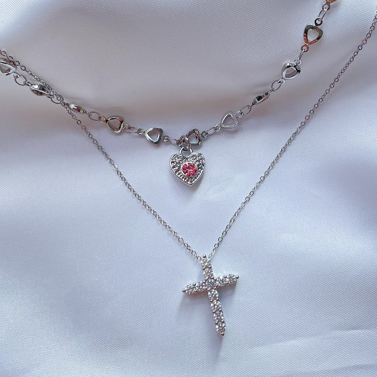 Pink Heart Zircon Necklace, Y2K Girl Style