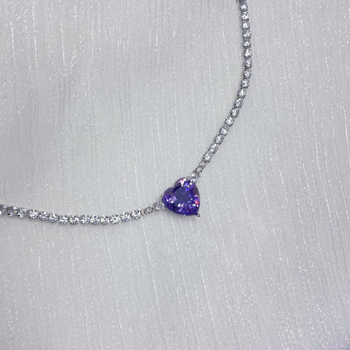 Purple Zircon Heart  Diamond Necklace，Purple Beaded Heart Necklace