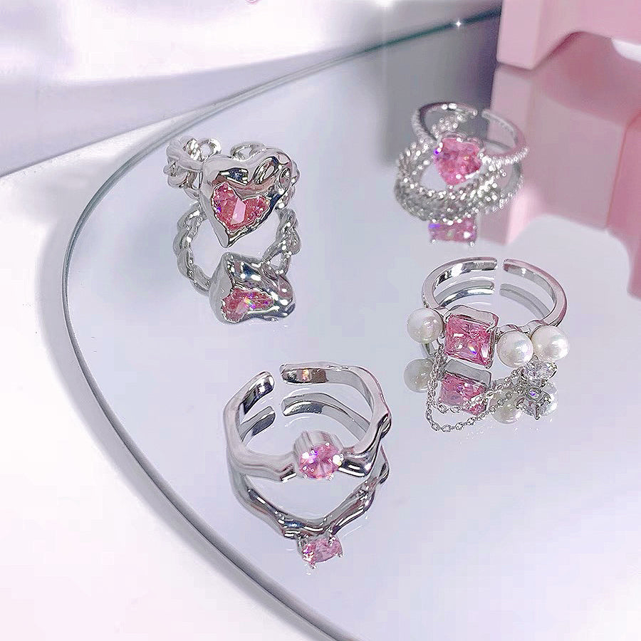 Pink Heart Zircon Rings，Y2K Girl Style Rings – sweetsprayshop