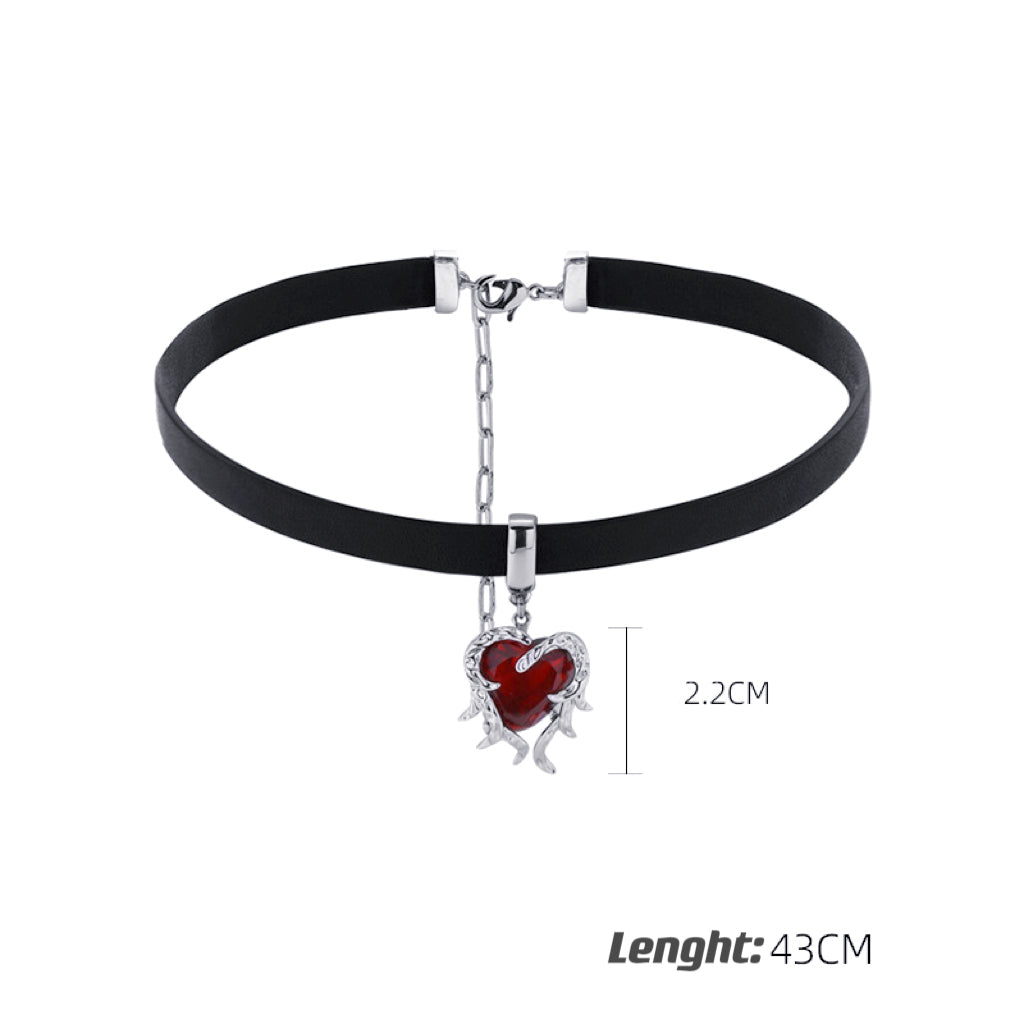 Ruby Leather Choker，Ruby Zircon Set