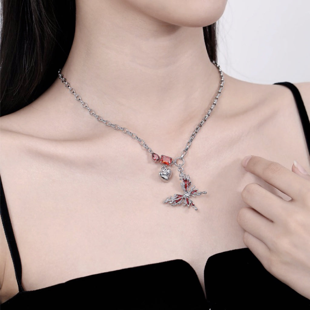 Metal Liquid Enamel Butterfly Ruby Necklace