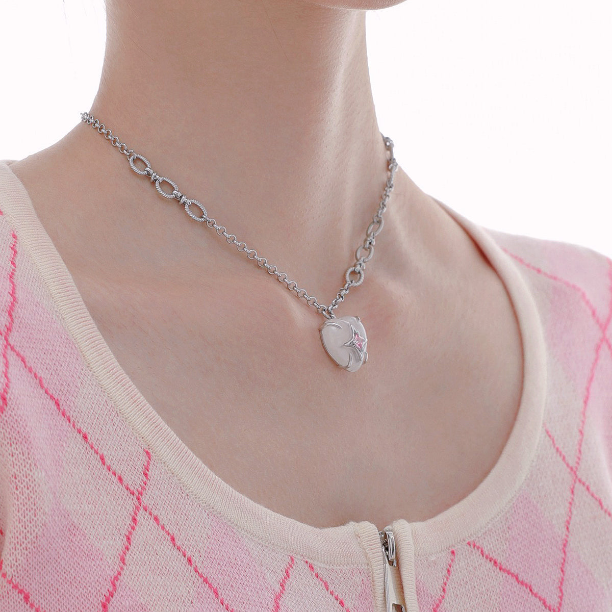 White Heart Pink Zircon Necklace