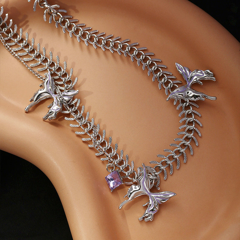 Purple Liquid Metal Butterfly Necklace，Fishbone Butterfly Bracelet