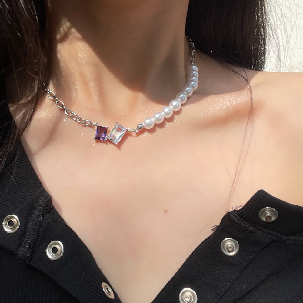 Colored Zircon & Pearl Splicing Zircon Necklace