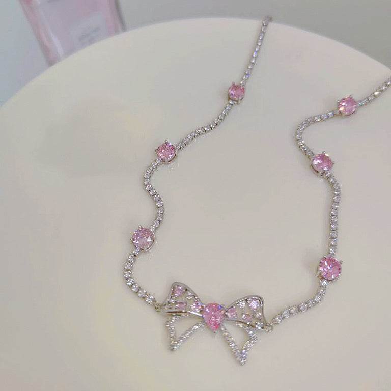 Pink Zircon Bow Diamond Necklace