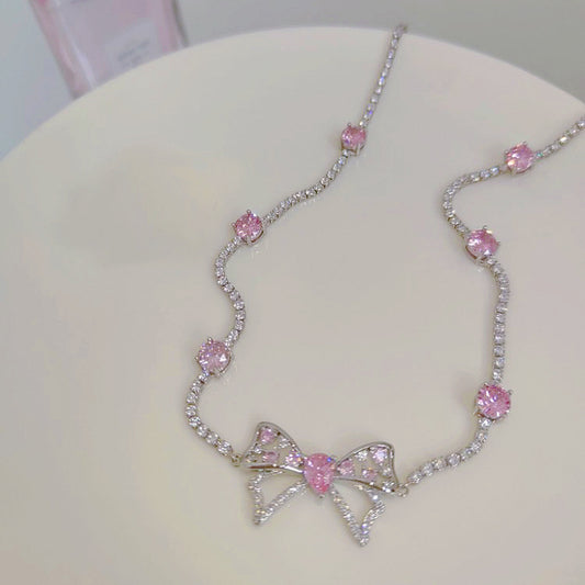 Pink Zircon Bow Diamond Necklace