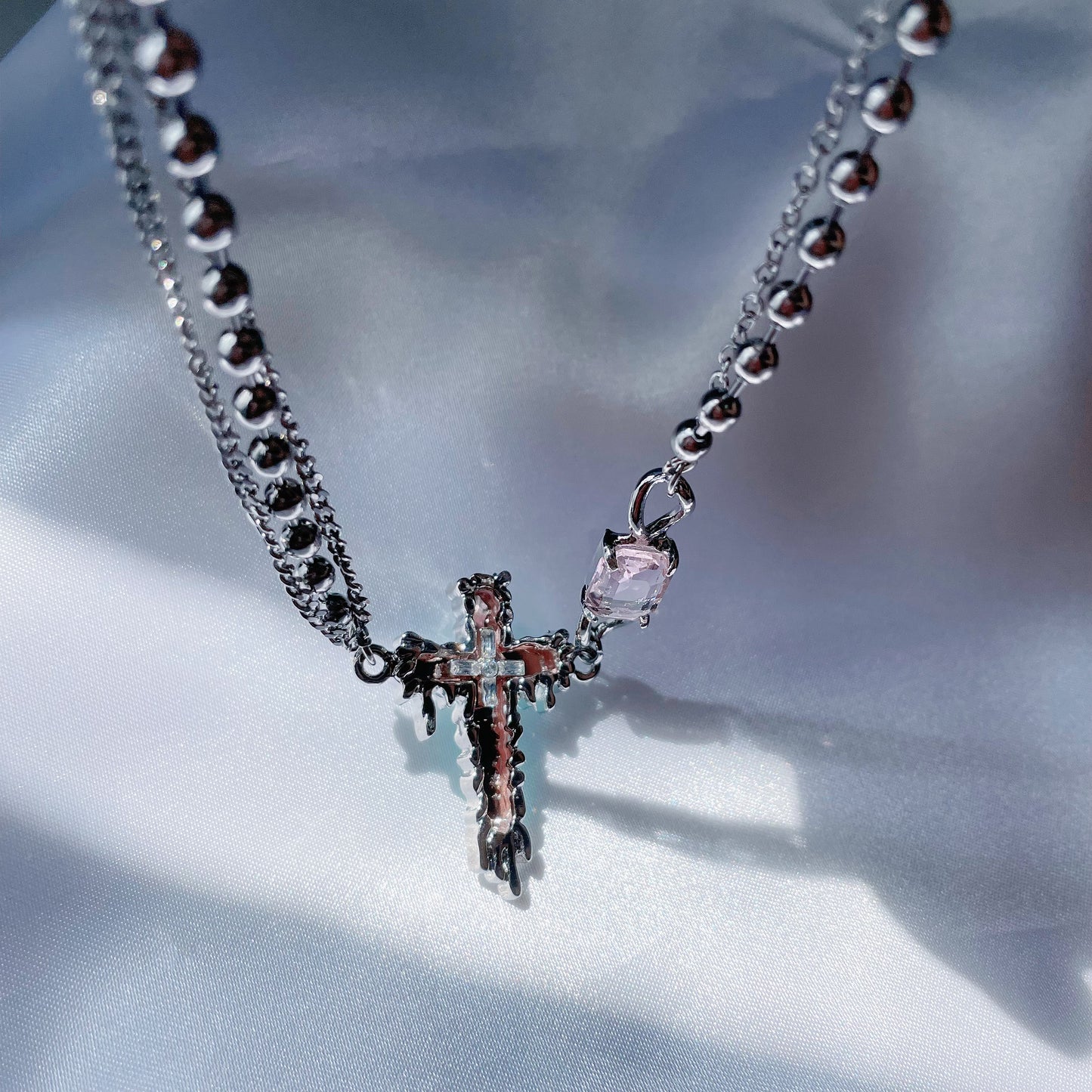 Pink Zircon Mirror Cross Necklace