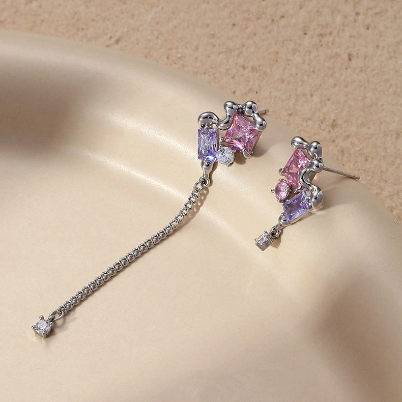 Pink & Purple Zircon Irregular Tassel Earrings