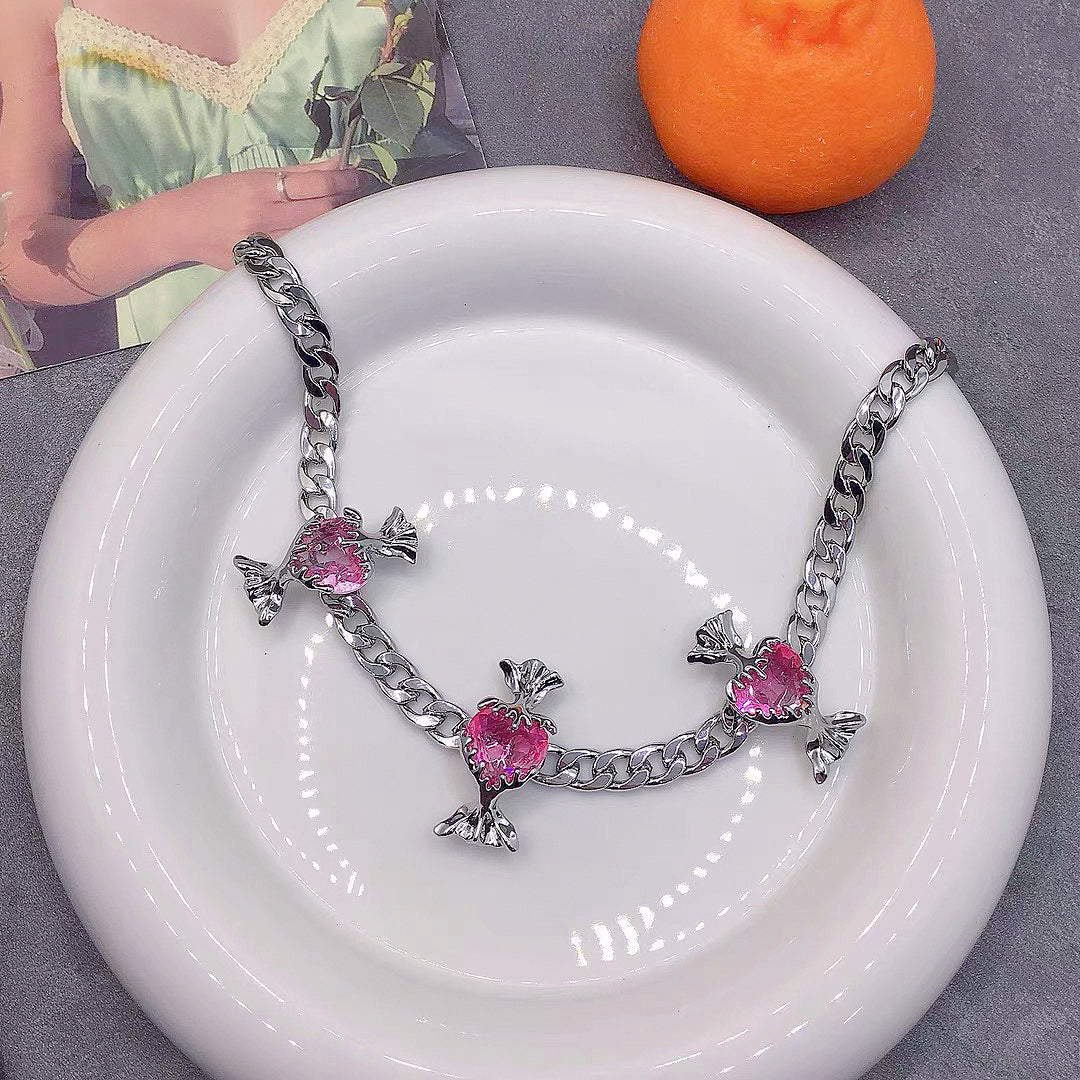 Pink Heart Candy Necklace, Y2K Style Fashion Clavicle Chain