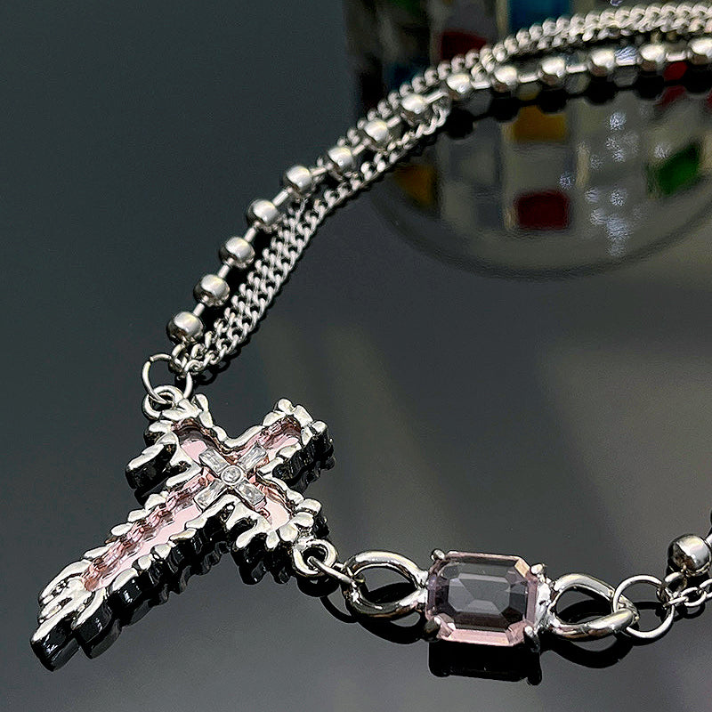 Pink Zircon Mirror Cross Necklace