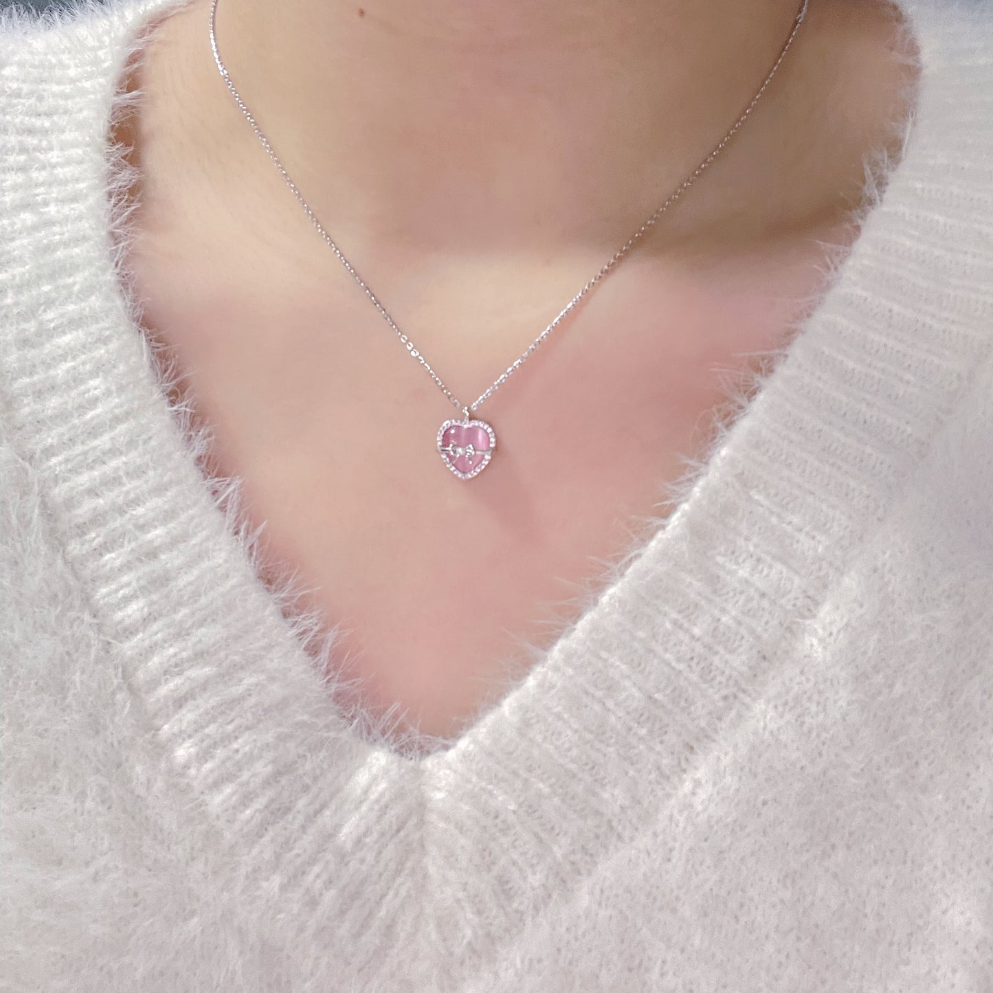 Pink Bow Heart Opal Necklace