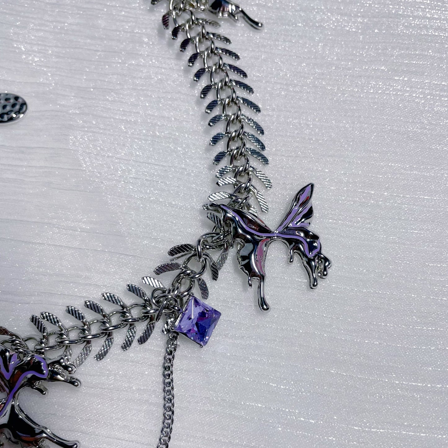 Purple Liquid Metal Butterfly Necklace，Fishbone Butterfly Bracelet