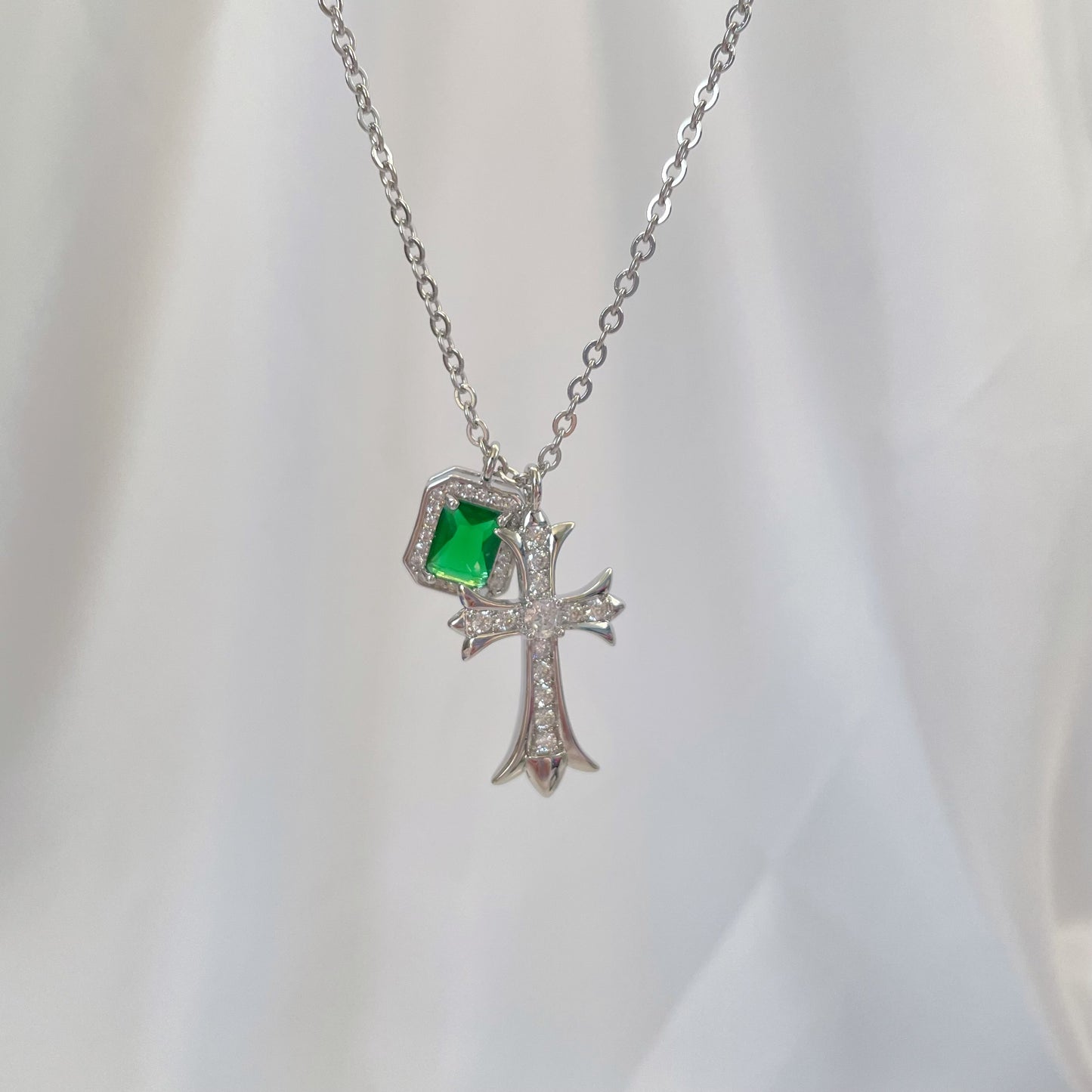 Emerald Zircon Necklace, Cross Zircon Earrings