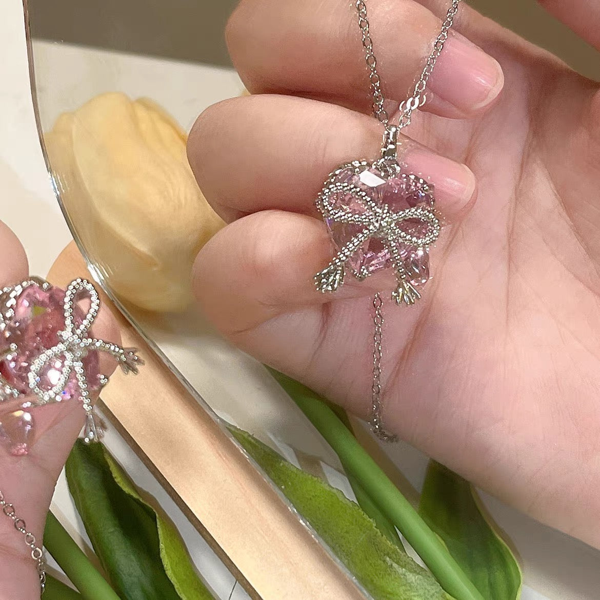 Bow Knot Pink Zircon Heart Necklace