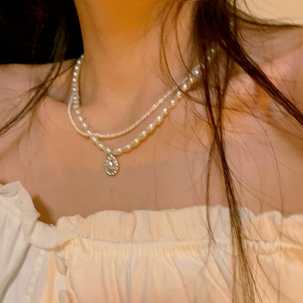 [Sparkling] Zircon Pearl Necklace, Dual Purpose Clavicle Chain