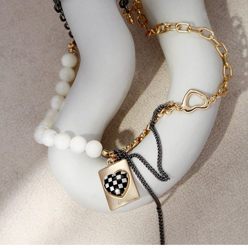 Drip Oil Heart Checkerboard Beaded Necklace