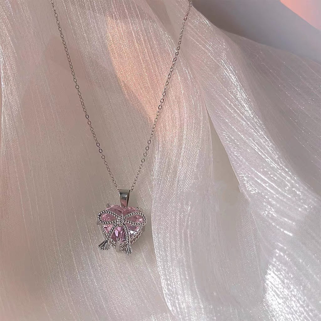 Bow Knot Pink Zircon Heart Necklace