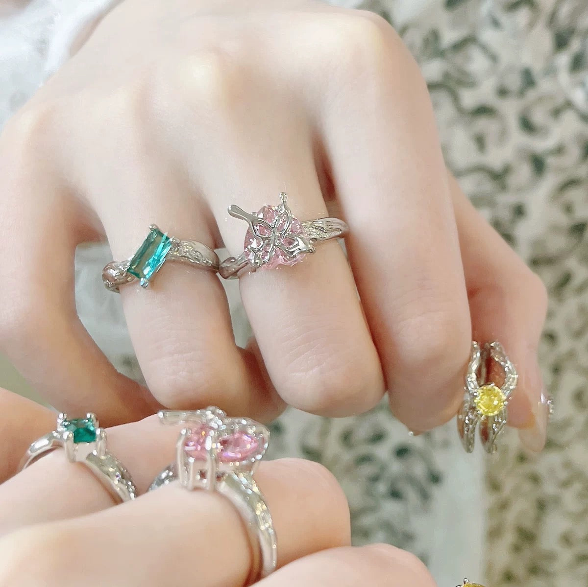 Pink Heart Butterfly Ring，Yellow Green Zircon Open Set Ring