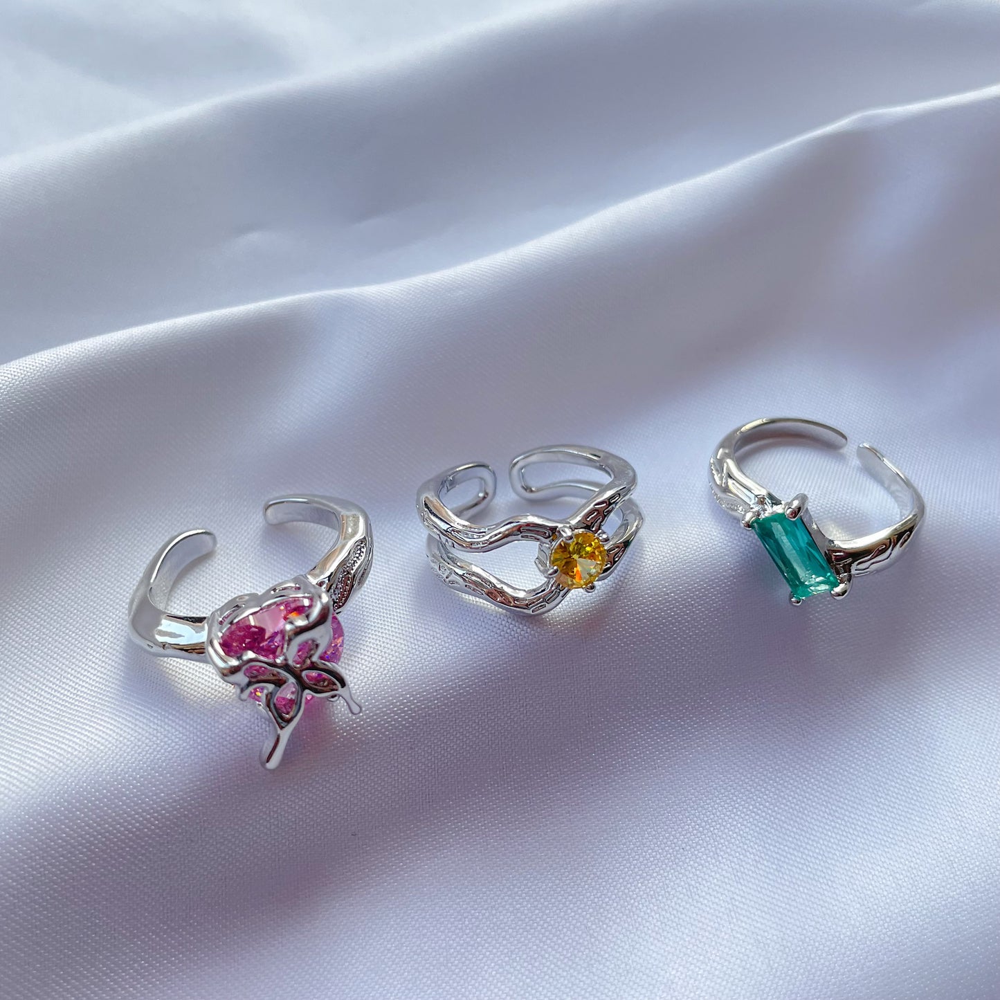 Pink Heart Butterfly Ring，Yellow Green Zircon Open Set Ring