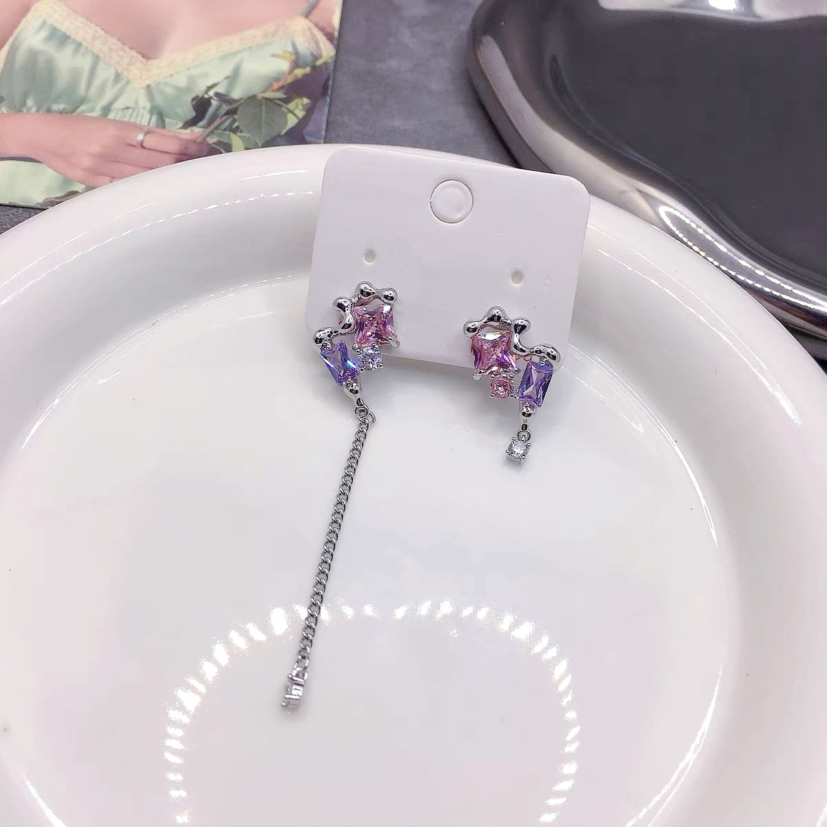 Pink & Purple Zircon Irregular Tassel Earrings