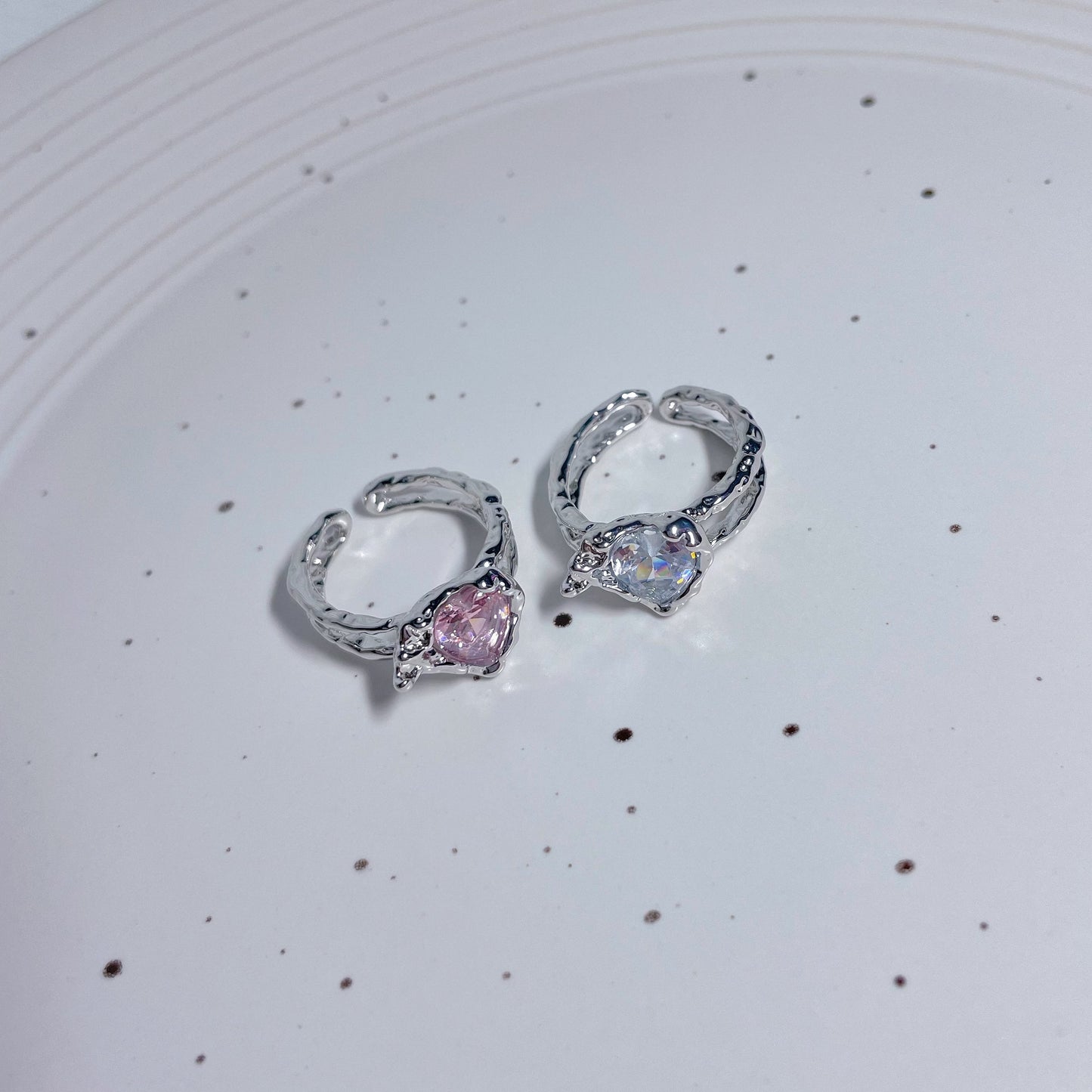 Pink & White Heart Zircon Ring，Y2K Pink Ring