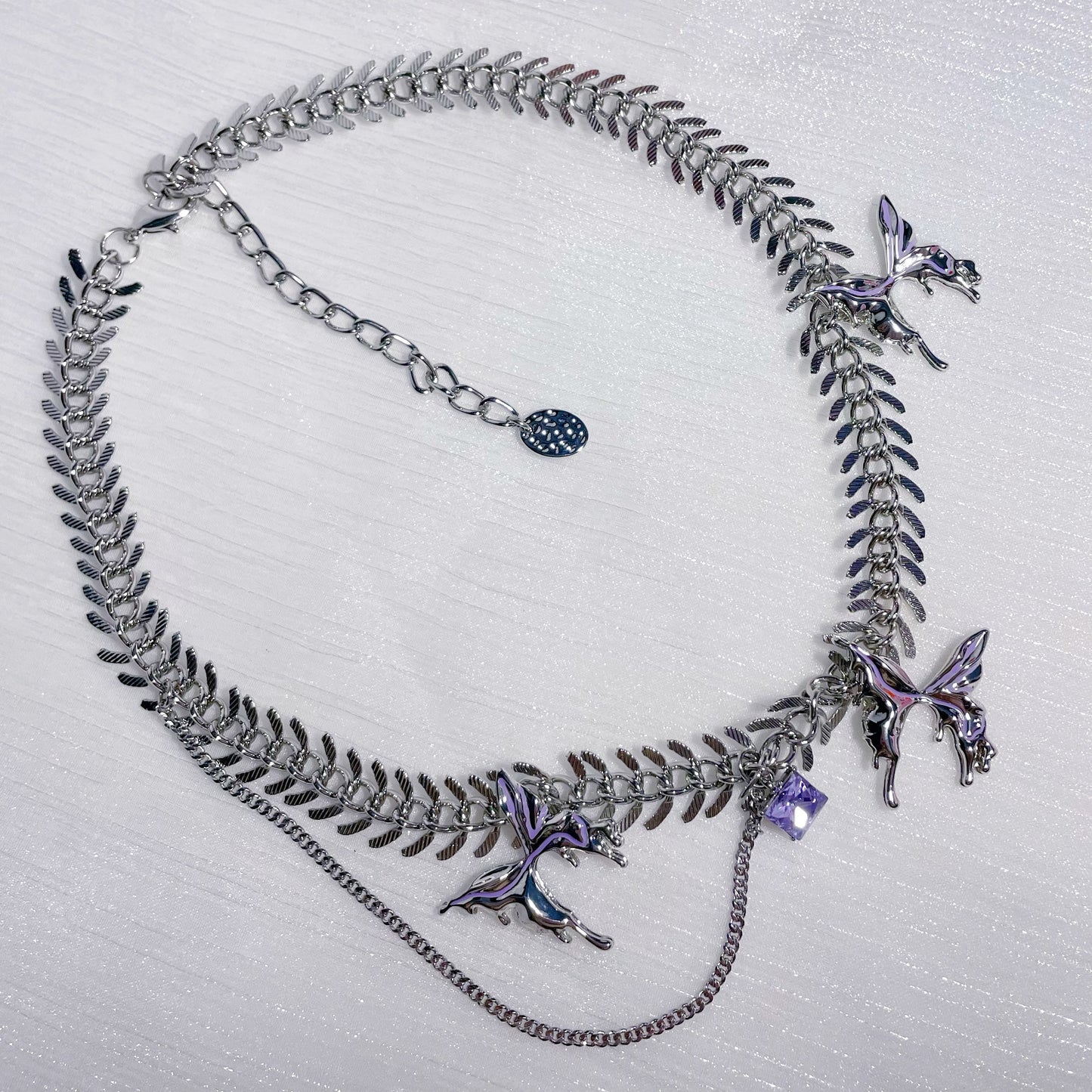 Purple Liquid Metal Butterfly Necklace，Fishbone Butterfly Bracelet