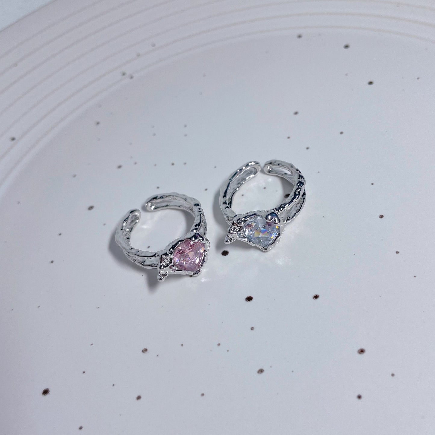 Pink & White Heart Zircon Ring，Y2K Pink Ring