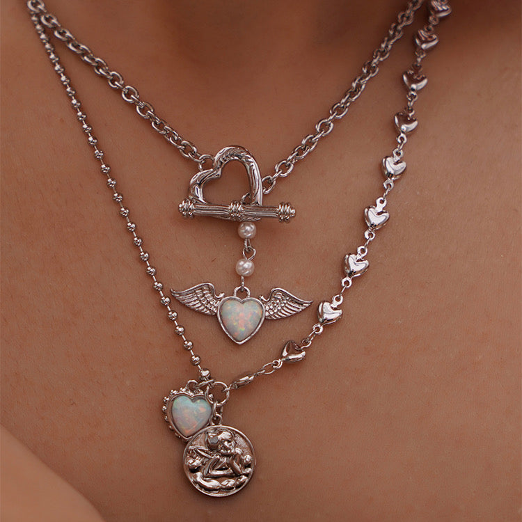 Angel Wings Heart Opal Necklace，Vintage Angel Medal Pendant Necklace