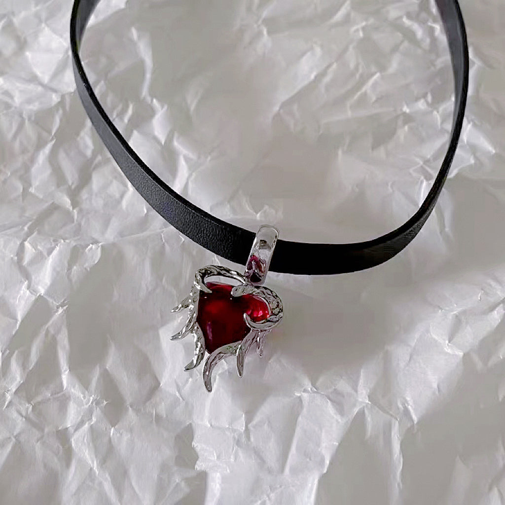 Ruby Leather Choker，Ruby Zircon Set