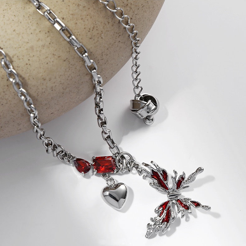 Metal Liquid Enamel Butterfly Ruby Necklace