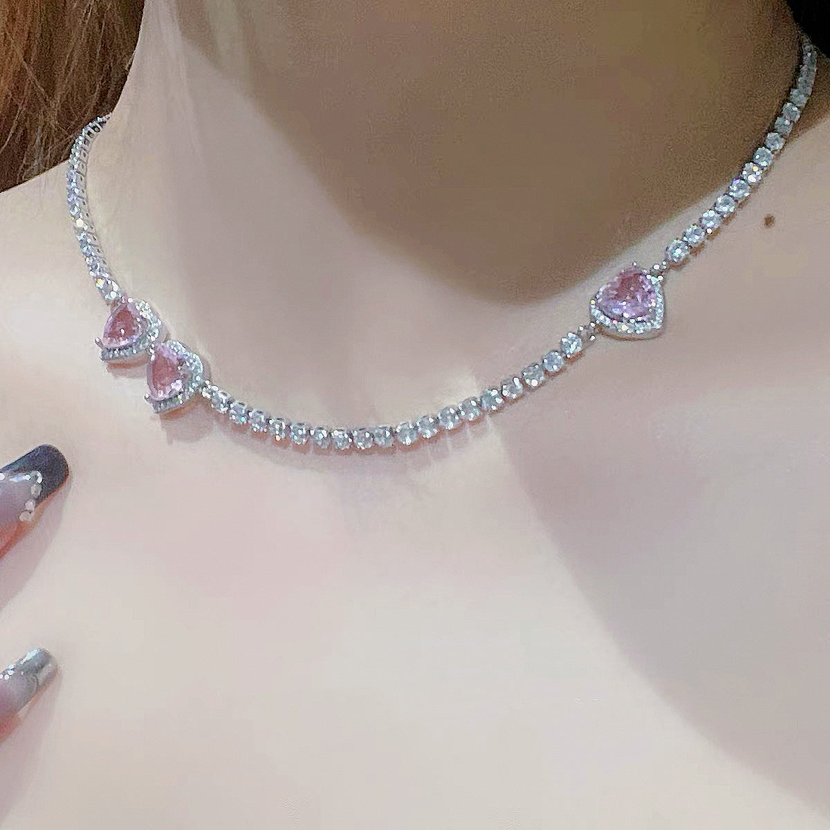 Pink Diamond Heart Necklace, y2kpink style Clavicle Chain