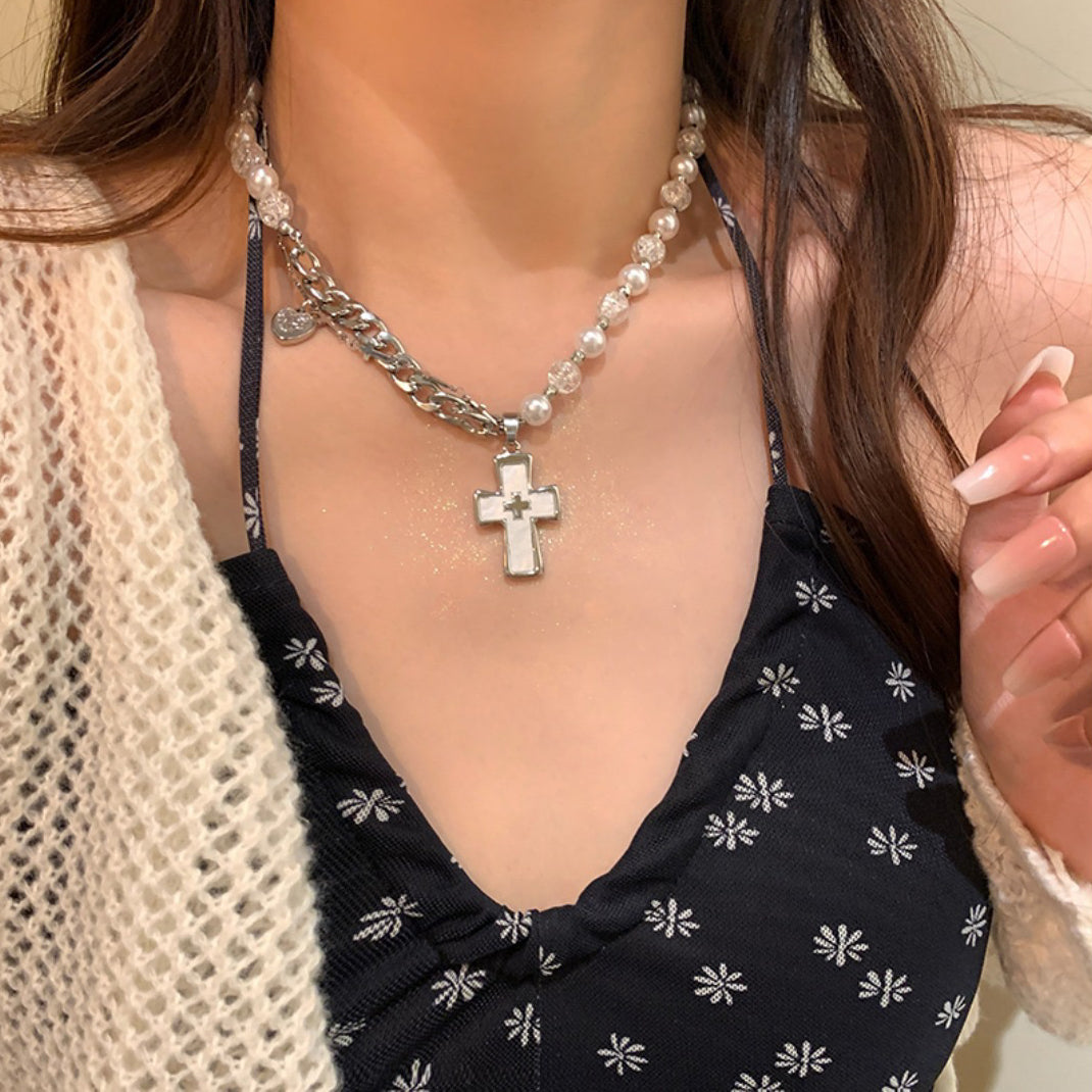 Heart Cross Pearl Asymmetry Layered Necklace