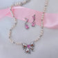 Pink Diamond Bow Pearl Necklace，Pink Zircon Earrings