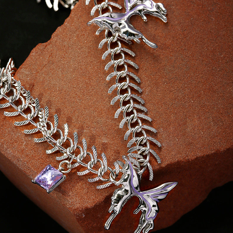 Purple Liquid Metal Butterfly Necklace，Fishbone Butterfly Bracelet