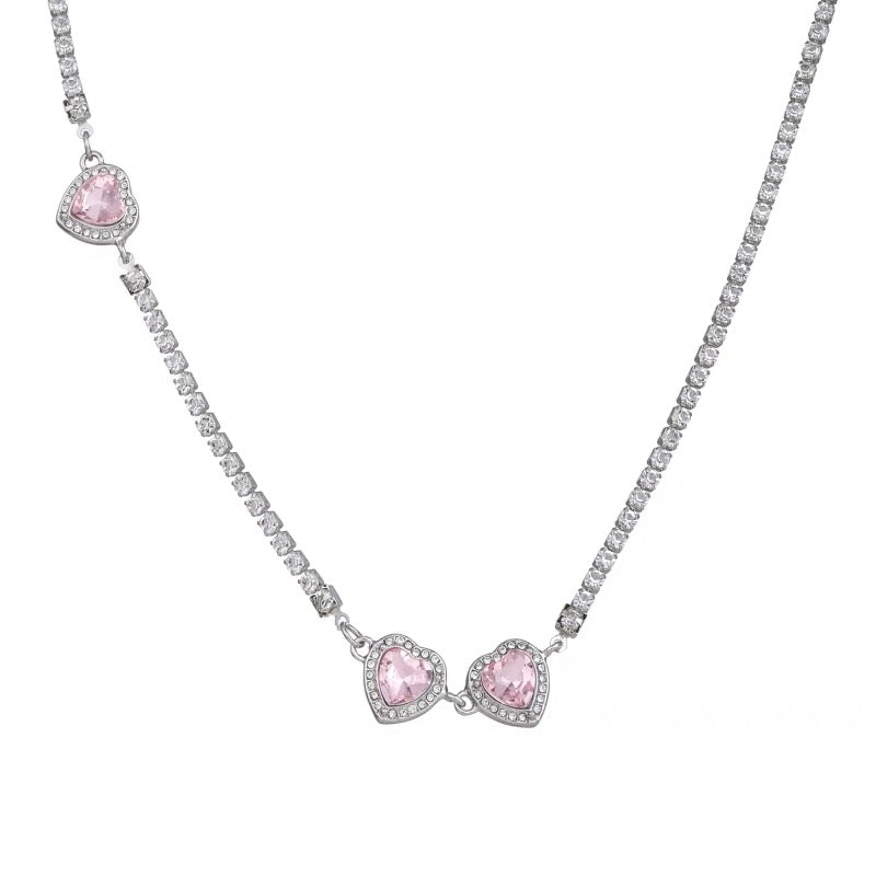 Pink Diamond Heart Necklace, y2kpink style Clavicle Chain