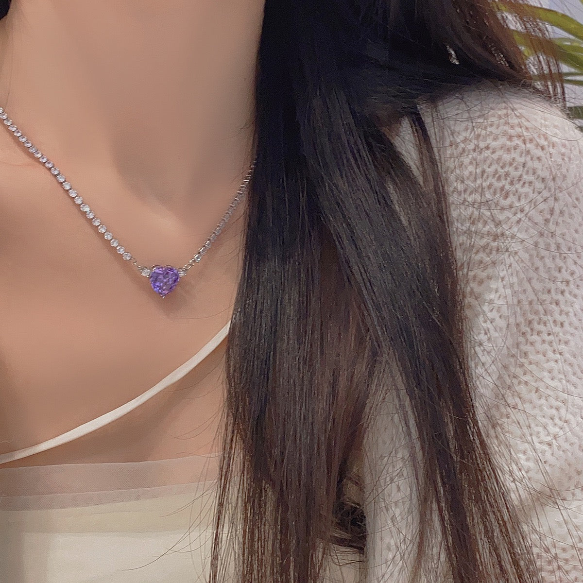 Purple Zircon Heart  Diamond Necklace，Purple Beaded Heart Necklace