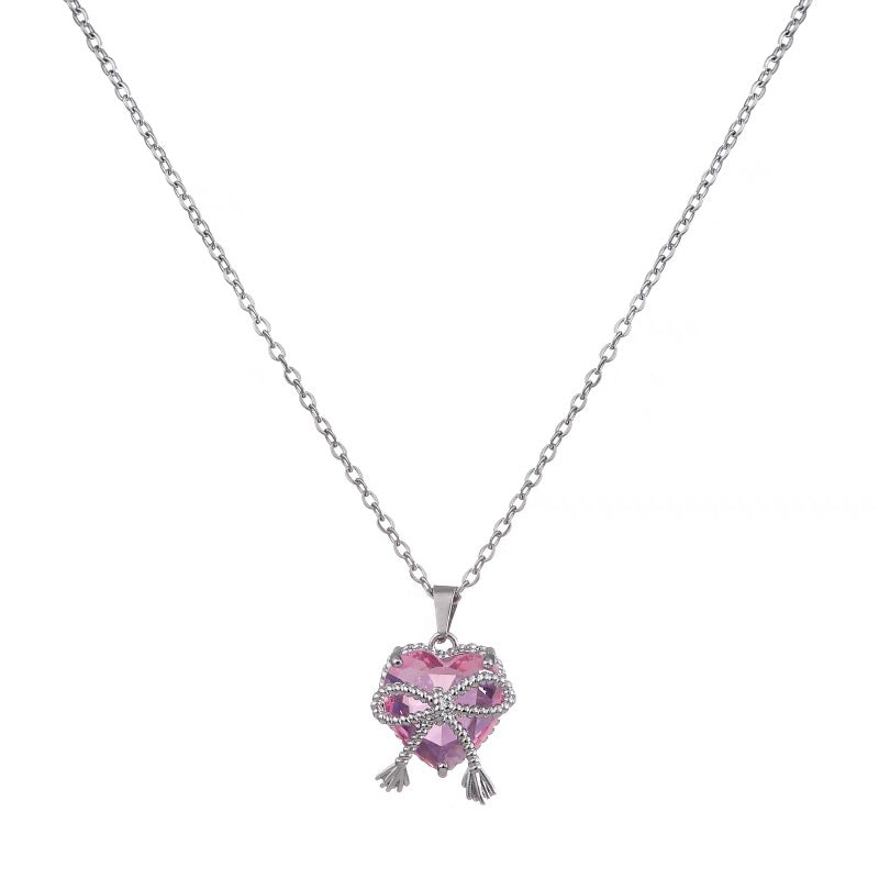 Bow Knot Pink Zircon Heart Necklace